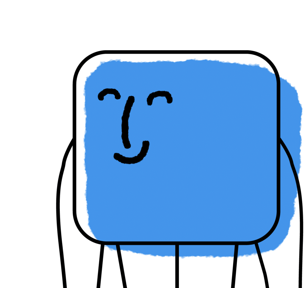 Mascotte de CALD, de couleur bleue, souriante.